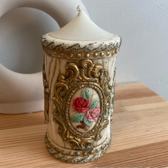 Vintage Pillar Decor Candle with Ornate Floral And Gold Frame 5” - Picture 2 of 5